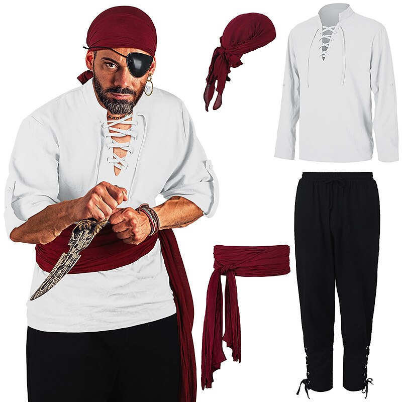Retro Vintage Medieval Renaissance Pants Waist Belt Shirt Pirate Viking Ranger Fancy Dress Men's Pirate Halloween Carnival Party Adults' Shirt Pants Headwear All Seasons2