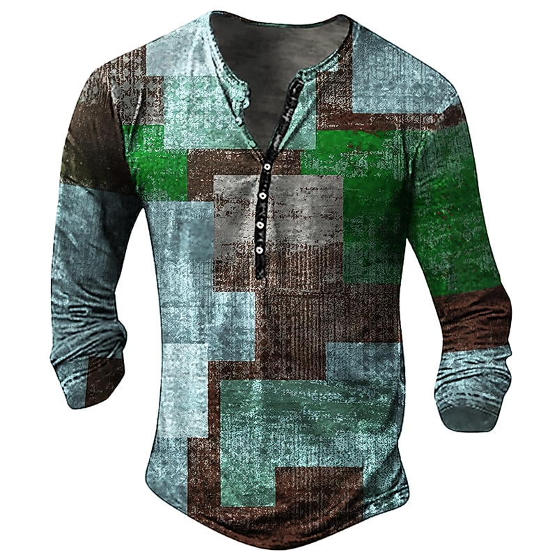 Men's Graphic Patchwork Henley Shirt Long Sleeve 3D Print Fashion Daily Casual Casual Holiday Going out Spring &  Fall Blue Brown Green Dark Blue Henley Henley T-Shirt3