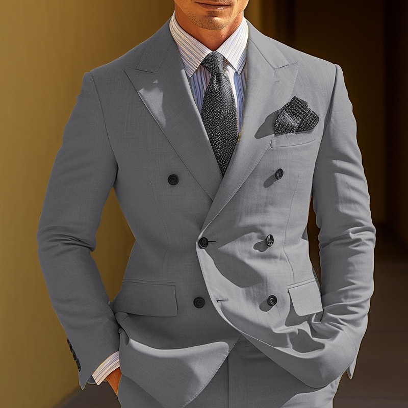 Men's Graduation Blazer Cocktail Attire Tuxedo Business Wedding Party Fashion Casual Spring &  Fall Polyester Plain Pocket Buttons Casual / Daily Double Breasted Blazer Yellow Burgundy Royal Blue2