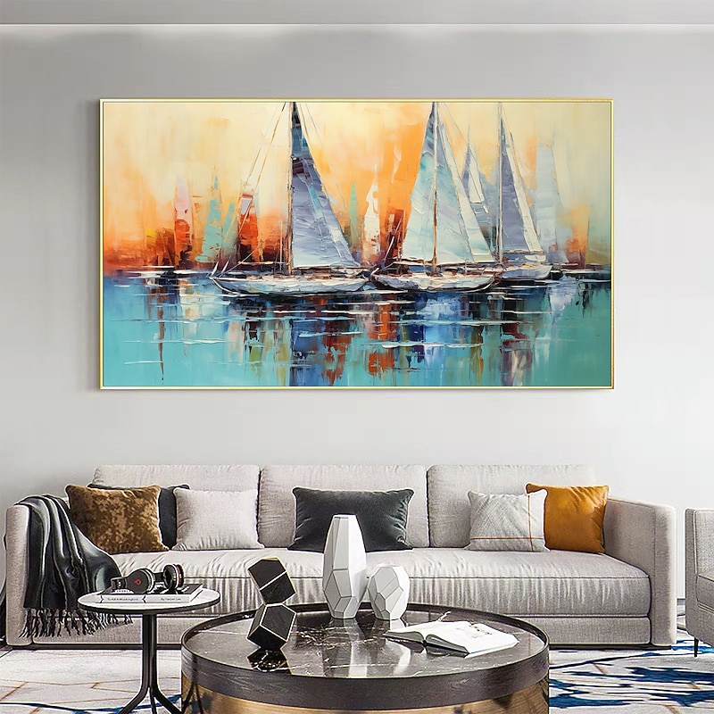 Handmade Oil Painting Canvas Wall Art Decor Original Colorful sailboat in full for Home Decor With Stretched FrameWithout Inner Frame Painting2