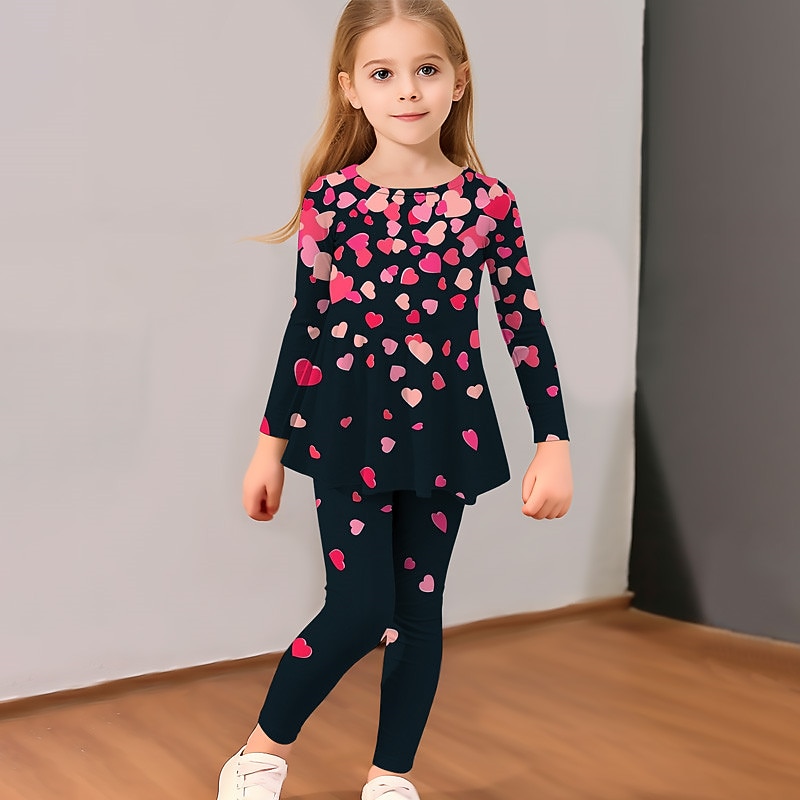Girls' 3D Heart T-shirt & Legging Ruffle Dress Set Long Sleeve 3D Print Fall Winter Active Fashion Daily Kids 3-12 Years Outdoor Vacation Date Regular Fit