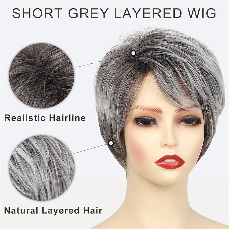 Grey Pixie Cut Wigs for Women Short Mixed Gray Wig with Bangs Layered Natural Synthetic Wig Old Lady Grey Wig for Daily Cosplay2