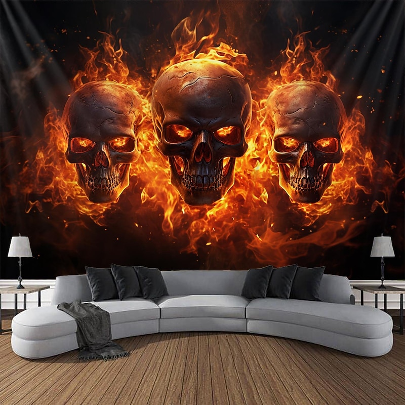 Halloween Fire Skulls Hanging Tapestry Wall Art Large Tapestry Mural Decor Photograph Backdrop Blanket Curtain Home Bedroom Living Room  Decorations
