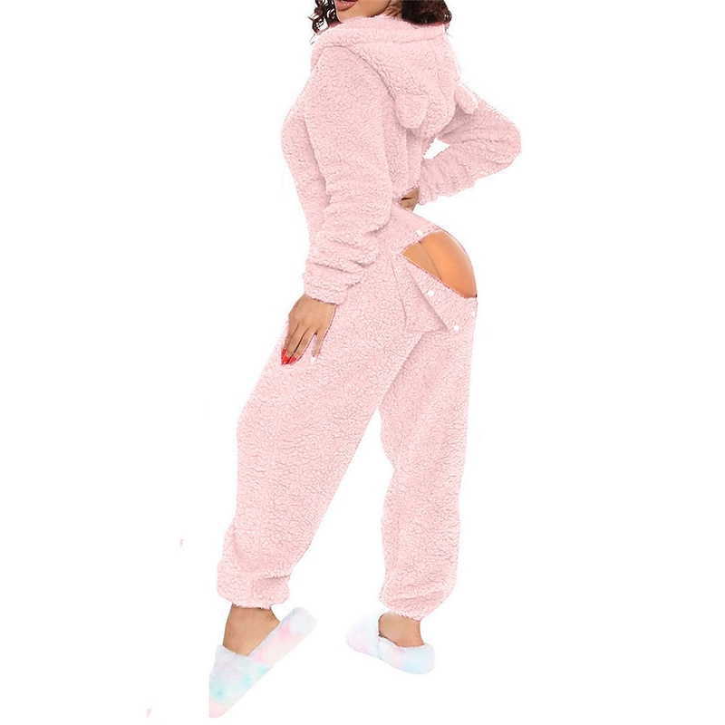 Women's Onesie Pure Color Warm Fashion Plush Home Daily Bed Sherpa Warm Hoodie Long Sleeve Hole Fall Winter Home Outfits3