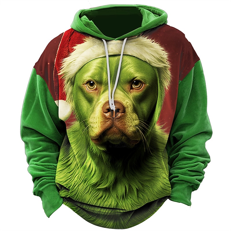 Christmas Men's Christmas animal 3D Hoodies Graphic Dog Prints Daily Classic Casual 3D Pullover Holiday Wearing Santa Hat Green Cotton