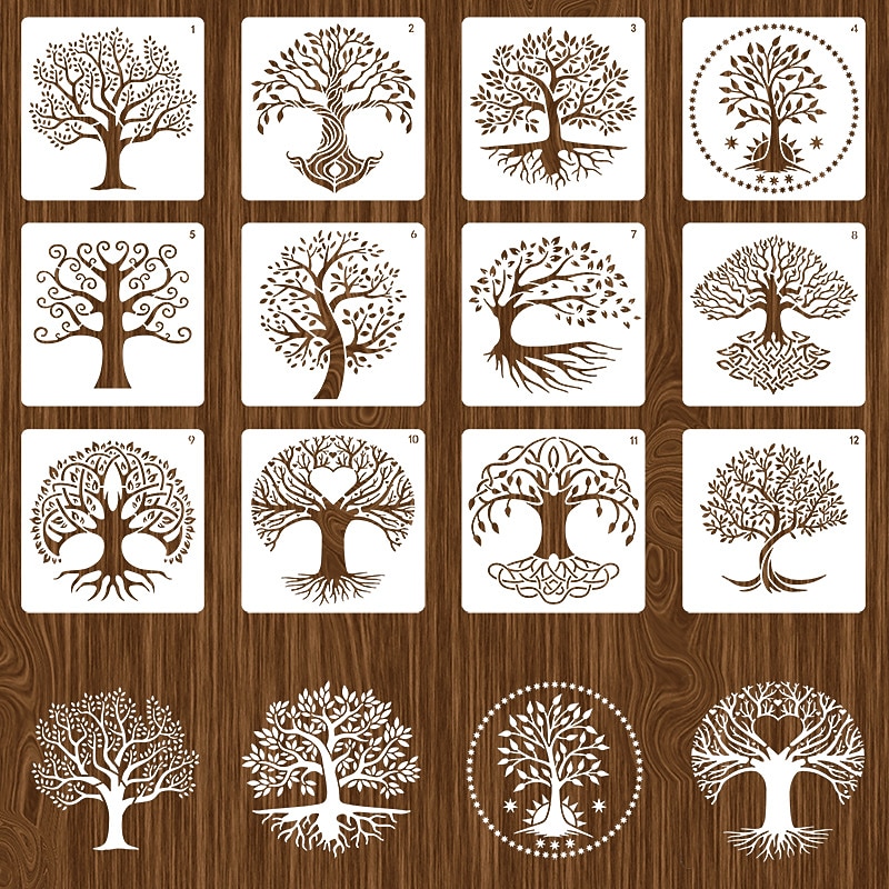 12pcs Life of Tree Paint Painting Stencils Reusable Stencils Wall Stencils DIY Craft Stencils (TreeTheme)