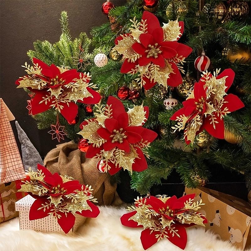 50pcs Red Poinsettia Flower Artificial Christmas Decor, Glitter Poinsettia Christmas Tree Flower Decoration, DIY Xmas Wreath Decor
