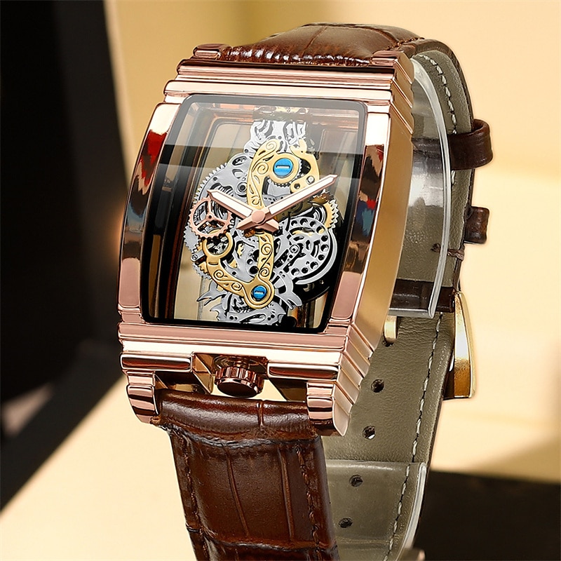 Men Mechanical Watch Luxury Large Dial Fashion Business Hollow Skeleton Tourbillon Luminous Waterproof Leather Watch