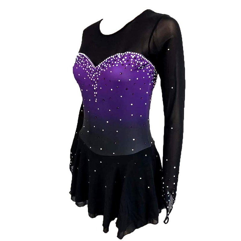 Figure Skating Dress Women's Girls' Ice Skating Dress Purple Stretchy Training Competition Skating Wear Thermal Warm Crystal / Rhinestone Long Sleeve Ice Skating Figure Skating2