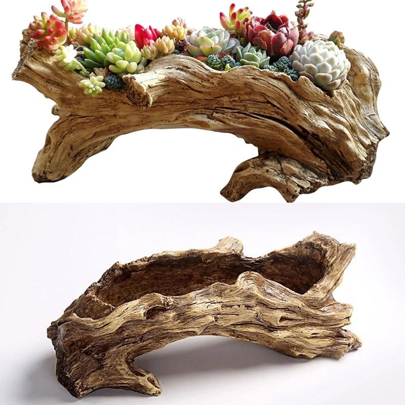 1pc, Stump Succulent Plant Flowerpot Indoor And Outdoor Plants Cute And Unique Resin Garden Vase With Drainage Holes3