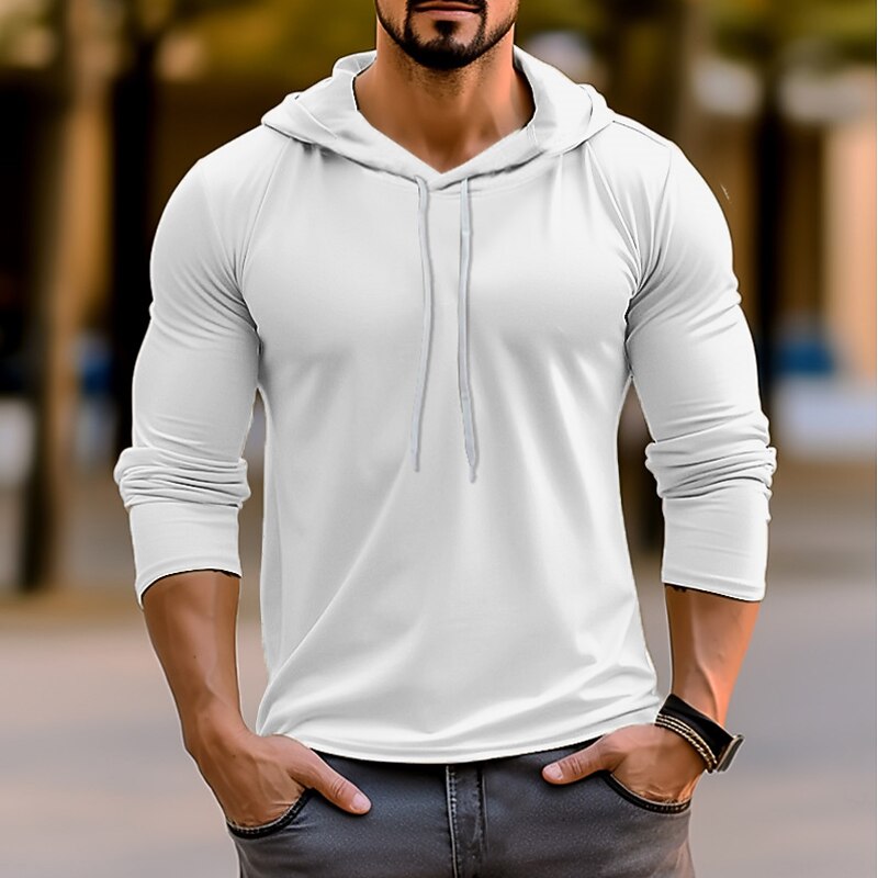 Men's T Shirt Tee Top Long Sleeve Shirt Long Sleeve Hooded Spring &  Fall Plain Fashion Designer Basic Vacation Street Going out White Navy Blue Khaki Top Tee for Men2