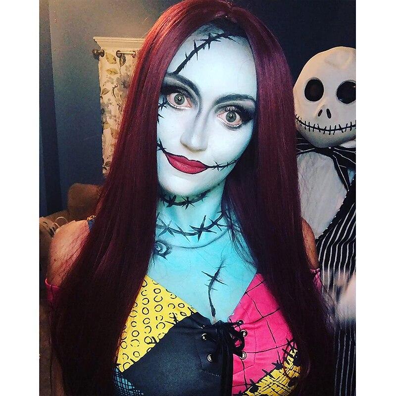 Mersi Wine Red Sally Wigs for Women Sally Wig Nightmare Before Christmas Costume 26'' Long Straight Synthetic Hair Wig for Carnival with Wig Cap S034WR3