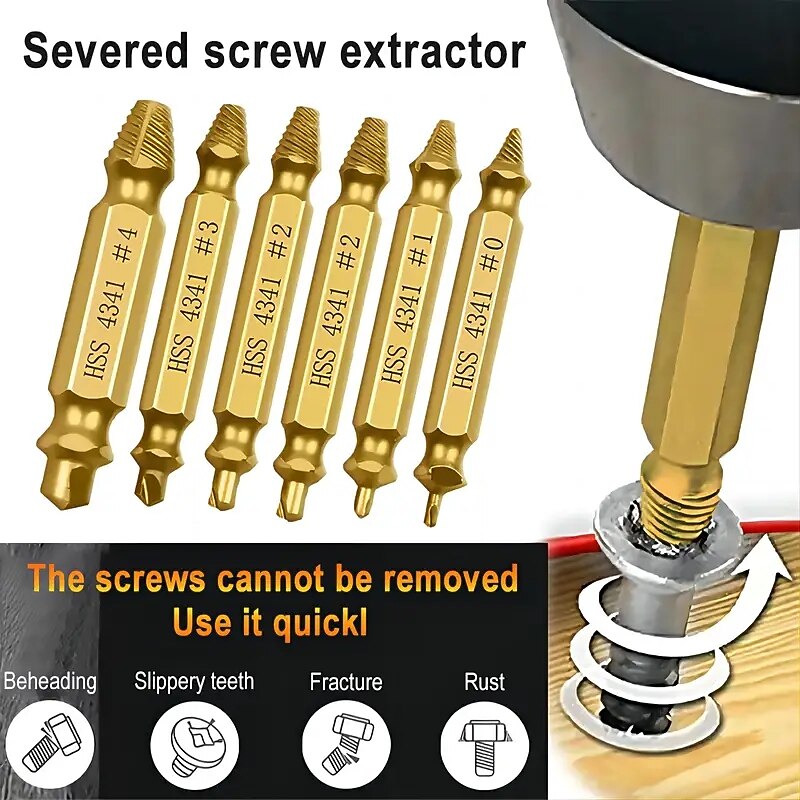 6pcs Damaged Screw Extractor Set Double Head Screw Remover Tools for Easy Out Bolt Extractor & Broken Head Screw Removers - High Speed Steel