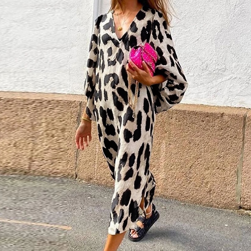Women's Midi Dress Casual Dress Boho Chic Dresses Long Sleeve Boho Dress Bohemia Casual Lantern Sleeve Vacation Holiday Going out Regular Fit Leopard 3/4 Length Sleeve V Neck Leopard Summer Spring