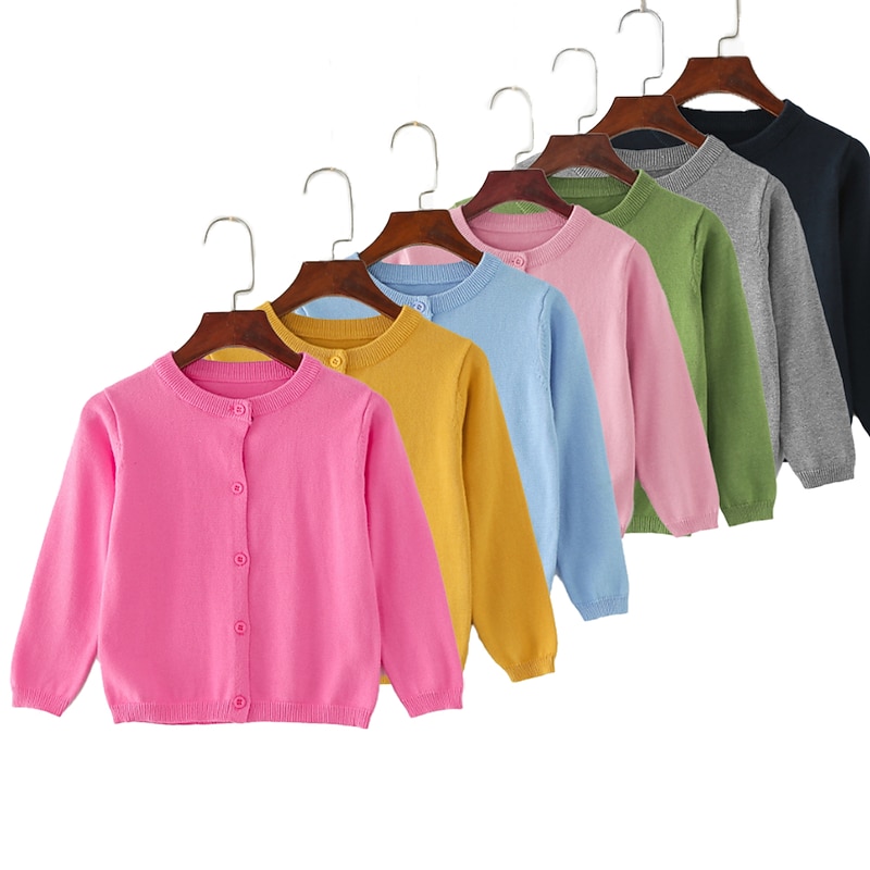 Kids Girls' Cardigan Solid Color School Long Sleeve Active Cotton 7-13 Years Spring Water Blue turmeric Dark powder