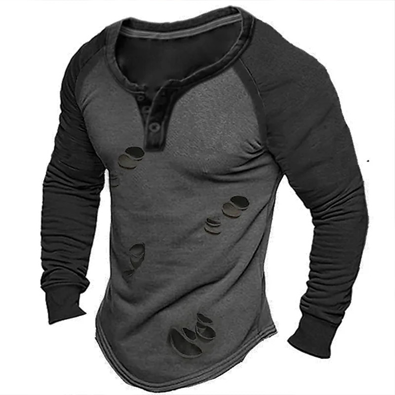 Men's T Shirt Henley Shirt Tee Top Long Sleeve Shirt Long Sleeve Henley Spring &  Fall Color Block Fashion Designer Basic Patchwork Ripped Vacation Street Going out Blue Brown Green Top Tee for Men