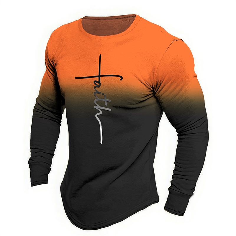 Men's Graphic Letter Faith T Shirt Long Sleeve T shirt 3D Print Crew Neck Shirt Fashion Designer Casual Sports Outdoor Holiday Going out Blue Orange Brown Spring &  Fall Clothing Apparel S M L XL 2XL