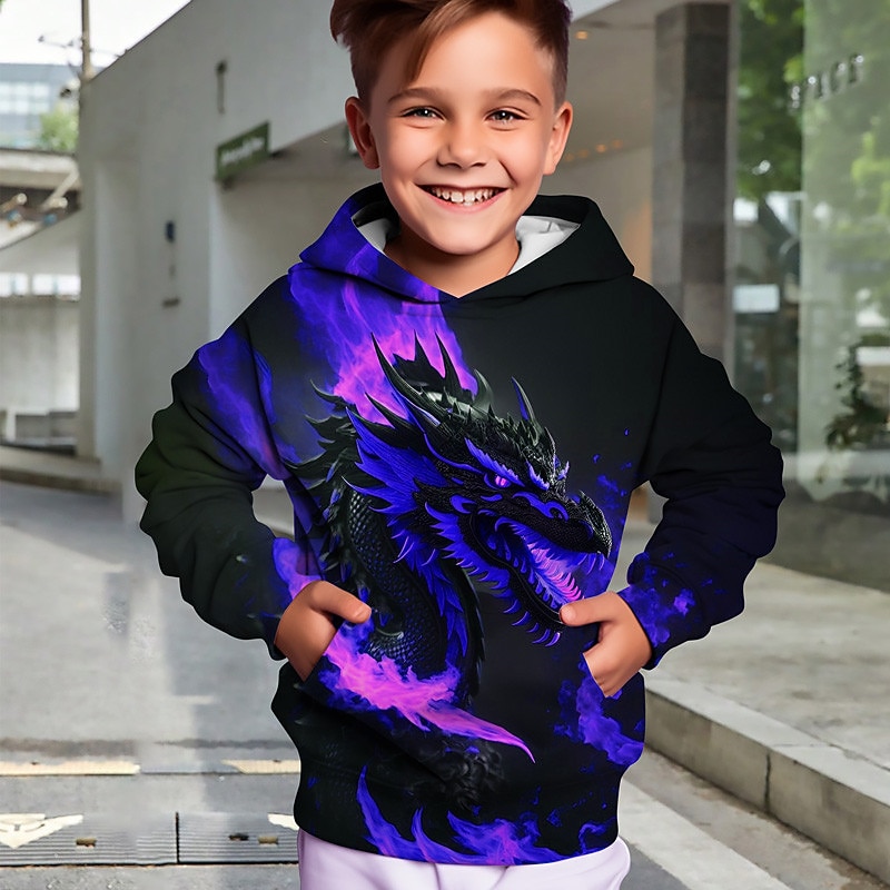 Boys 3D Animal Dragon Hoodie Pullover Long Sleeve 3D Print Fall Winter Fashion Streetwear Cool Kids 3-12 Years Outdoor Casual Daily Regular Fit3