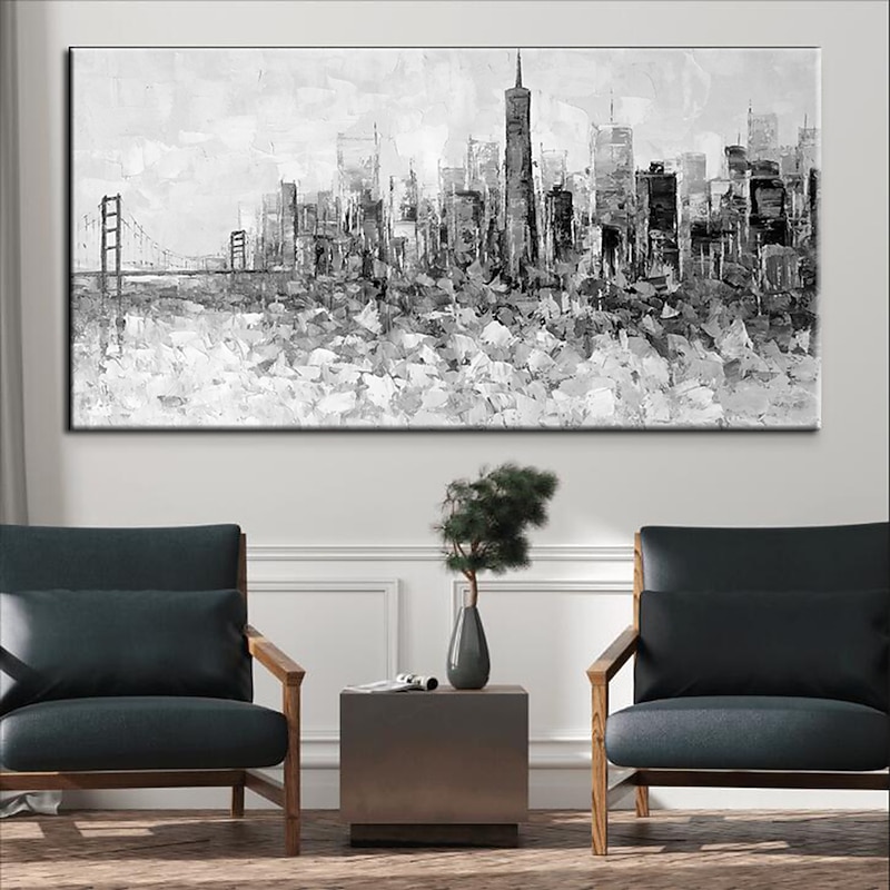 Large wall art Handmade San Francisco skyline painting Hand Painted Wall Art Black and white abstract art Palette knife city art picture Home Decoration Decor Rolled Canvas3