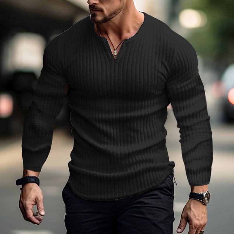 Men's T Shirt Henley Shirt Muscle Shirt Ribbed Knit tee Tee Top Long Sleeve Plain Pit Strip Fashion Designer Basic Classic V Neck Vacation Street Going out Spring &  Fall Black White khaki Henley3
