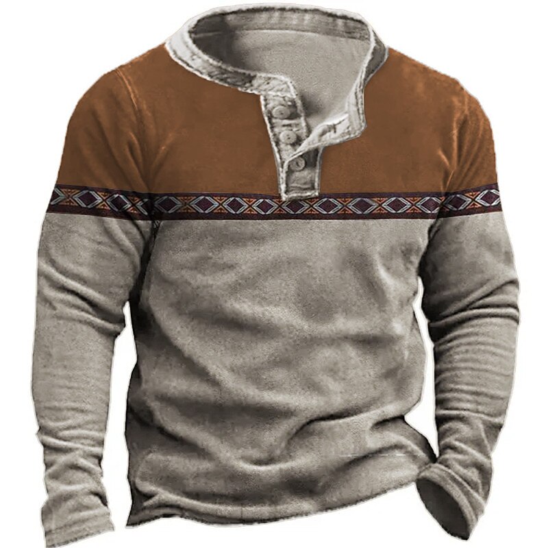 Men's Button T Shirt T Shirt Henley Shirt Tee Top Long Sleeve Henley Spring &  Fall Color Block Vintage Basic Ethnic Patchwork Vacation Street Going out Black Brown Green Top Tee for Men2