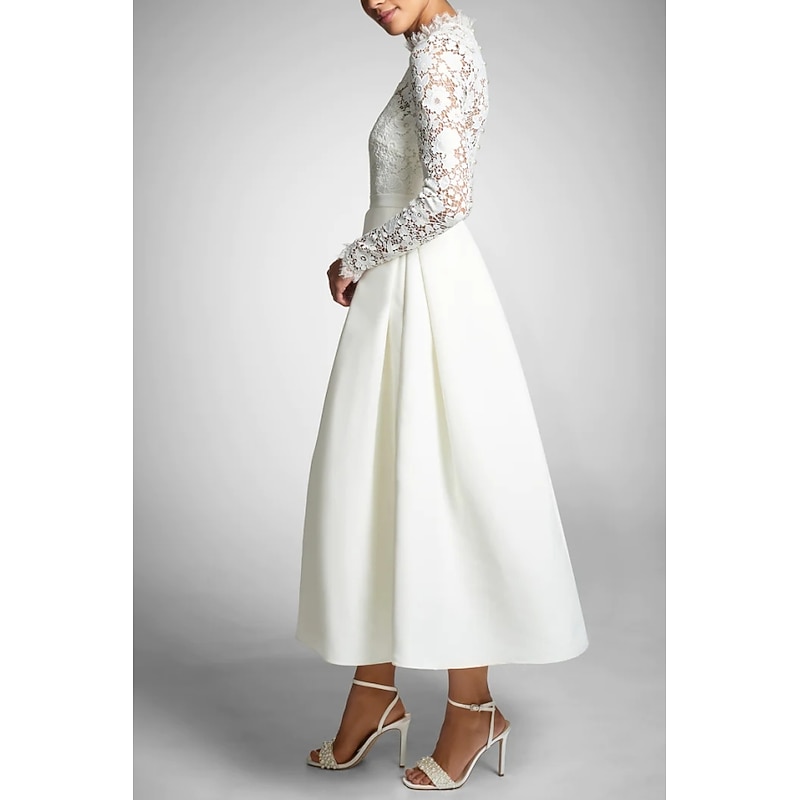 A-Line Mother of the Bride Cocktail Dresses Sexy Dress Wedding Guest Party Wear Tea Length Long Sleeve High Neck Stretch Fabric with Pleats Dresses3