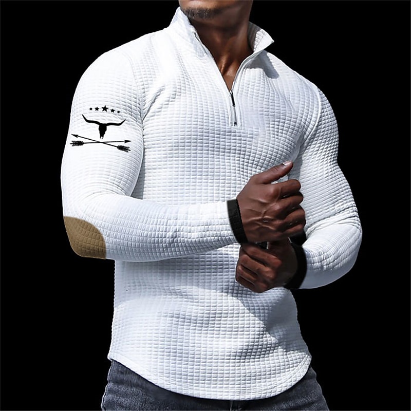 Men's Waffle Polo Shirts Zip Polo Golf Polos Shirts Long Sleeve Polo Shirts Zip Vintage Casual Daily 3D Print Fall & Winter Black White Khaki