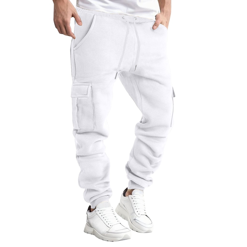 Men's Sweatpants Joggers Trousers Cargo Sweatpants Drawstring Elastic Waist Multi Pocket Plain Comfort Breathable Casual Daily Holiday Sports Fashion Black White2