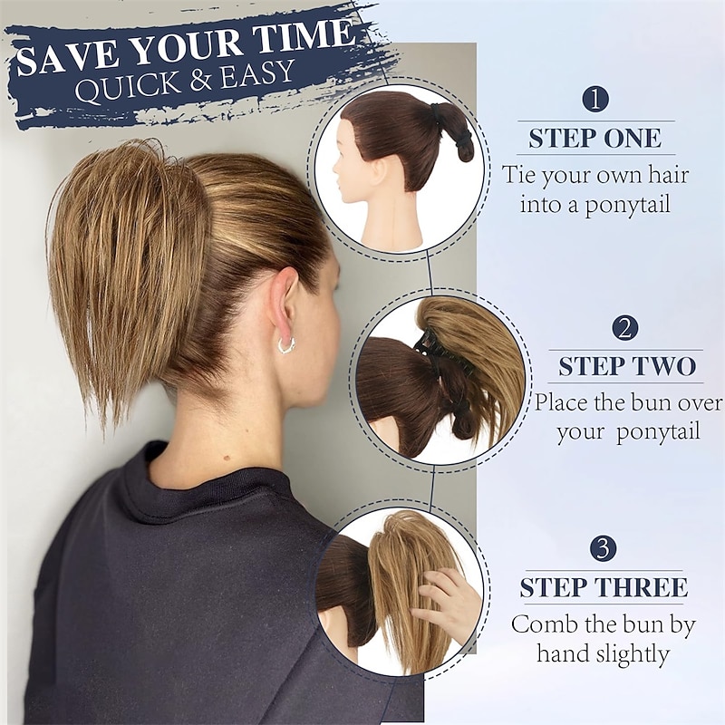 Claw Clip Messy Bun Hair Piece Short Straight Hair Ponytail Bun Extensions Blonde Hair Bun Synthetic Claw Clip on Hairpieces Fake Hair Bun Extensions for Women Girls-Blonde4