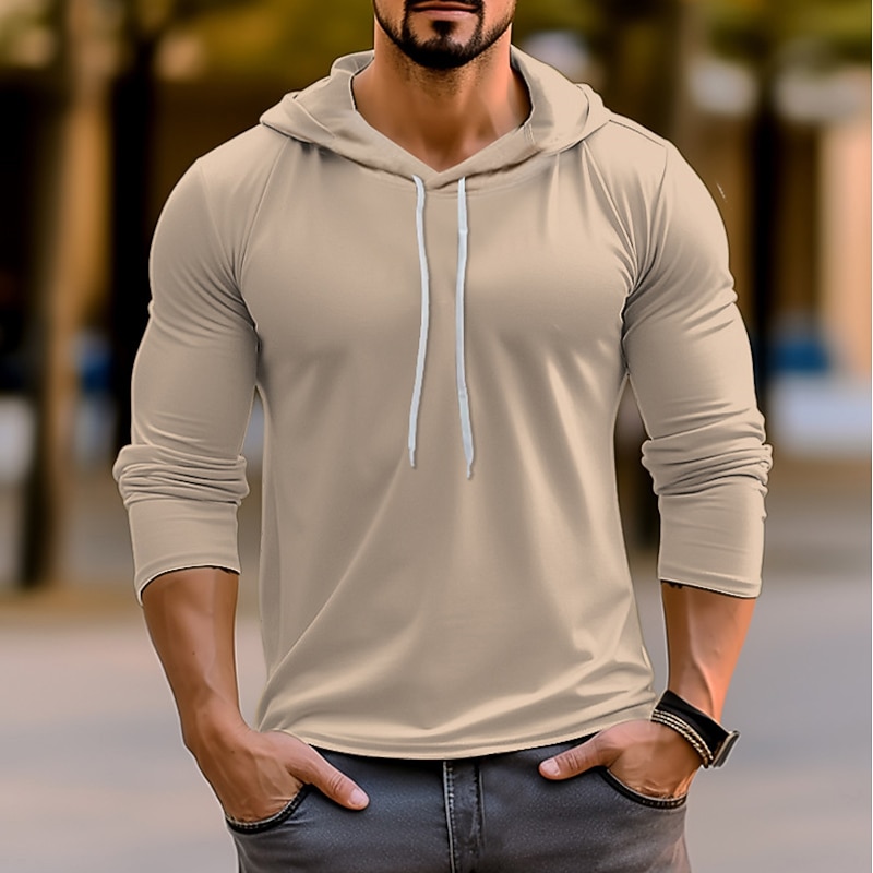 Men's T Shirt Tee Top Long Sleeve Shirt Long Sleeve Hooded Spring &  Fall Plain Fashion Designer Basic Vacation Street Going out White Navy Blue Khaki Top Tee for Men