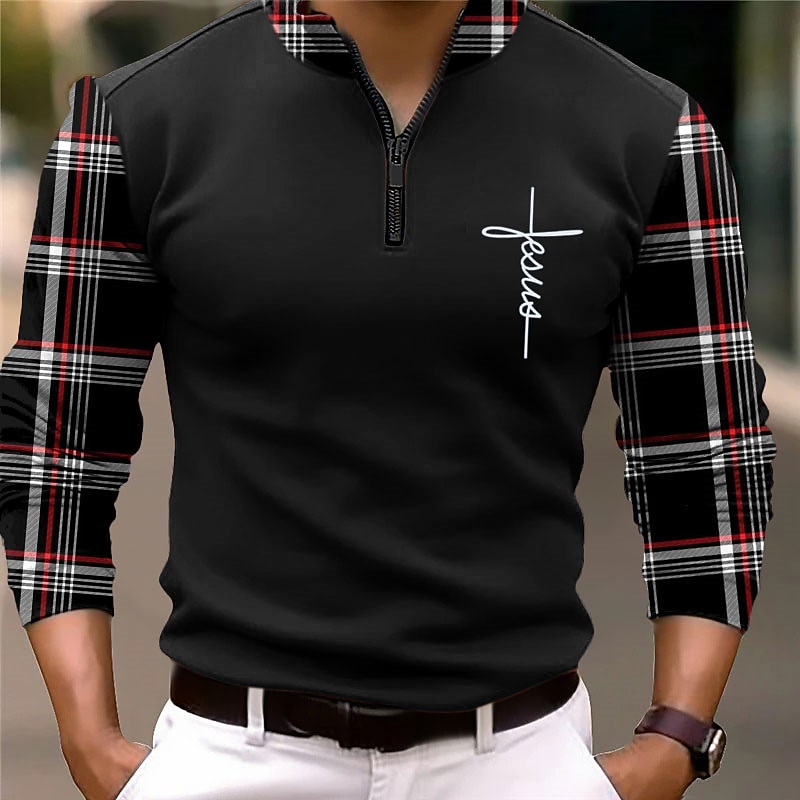 Men's Plaid Faith Zip Polo Golf Polos Shirts Long Sleeve Polo Shirts Zip Vintage Outdoor Casual Daily Streetwear 3D Print Fall & Winter Black White Wine2