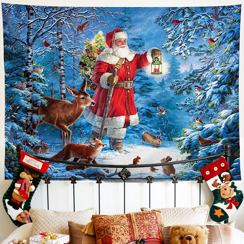 Christmas Decorations Hanging Tapestry Santa Claus Snow Tree Wall Art Xmas Large Tapestry Mural Decor Photograph Backdrop Blanket Curtain Home Bedroom Living Room Decoration3