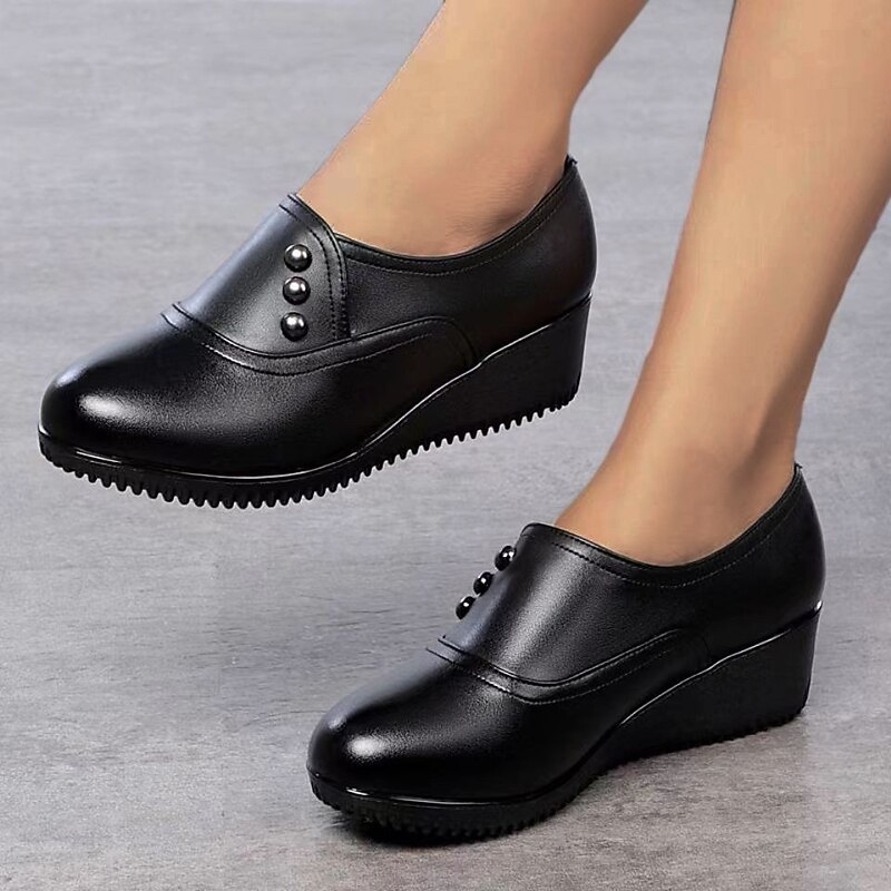 Women's Flats Comfort Shoes Outdoor Daily Solid Color Wedge Heel Round Toe Elegant Casual Comfort Faux Leather Loafer Black2