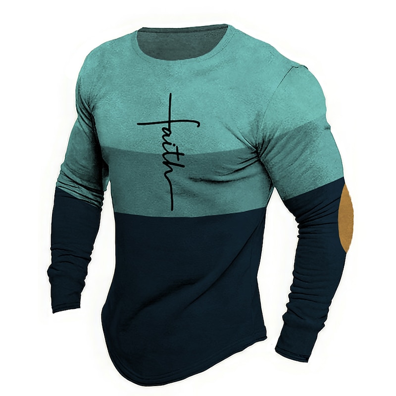 Men's Graphic Faith T Shirt Long Sleeve T shirt 3D Print Crew Neck Shirt Fashion Designer Casual Sports Outdoor Holiday Going out White Light Green Pink Spring &  Fall Clothing Apparel S M L XL 2XL3