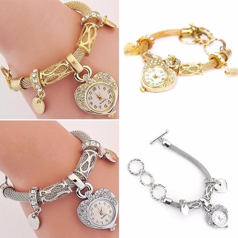 Gold Silver Fashion Women Bracelet Watches Ladies Girls Women's Wristwatch Love Heart Round Quartz Watch2