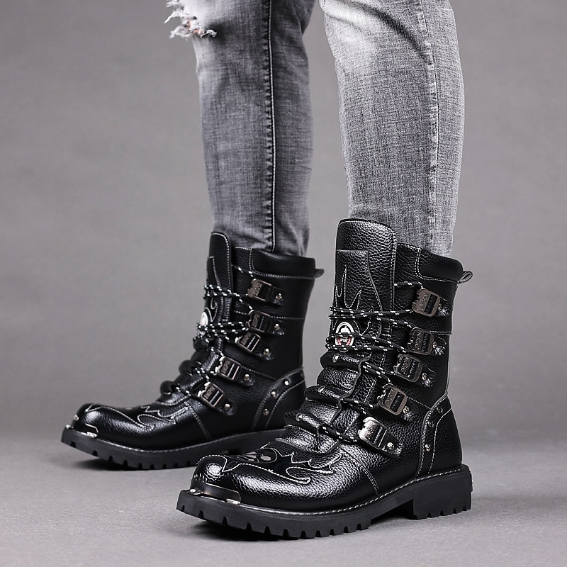 Men's Black Faux Leather Buckled Motorcycle Boots - Rugged and Durable Biker Footwear for Riding and Outdoor Adventures4