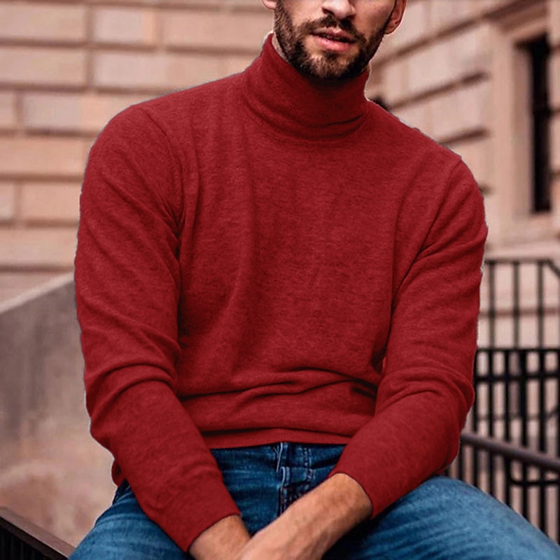 Men's Turtleneck Sweater Pullover Sweater Jumper Mens Turtle Neck Jumper Ribbed Knit Regular Knit Plain Turtleneck Modern Contemporary Slim Fit Work Daily Wear Clothing Apparel Fall & Winter Wine4