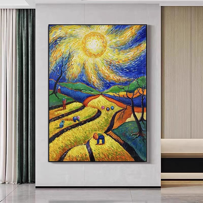 Original Starry Sky Oil Painting on Canvas Textured Wall Art Abstract Impressionism Harvest Painting Yellow Landscape Art Decor Bedroom Wall Decor (No Frame)2