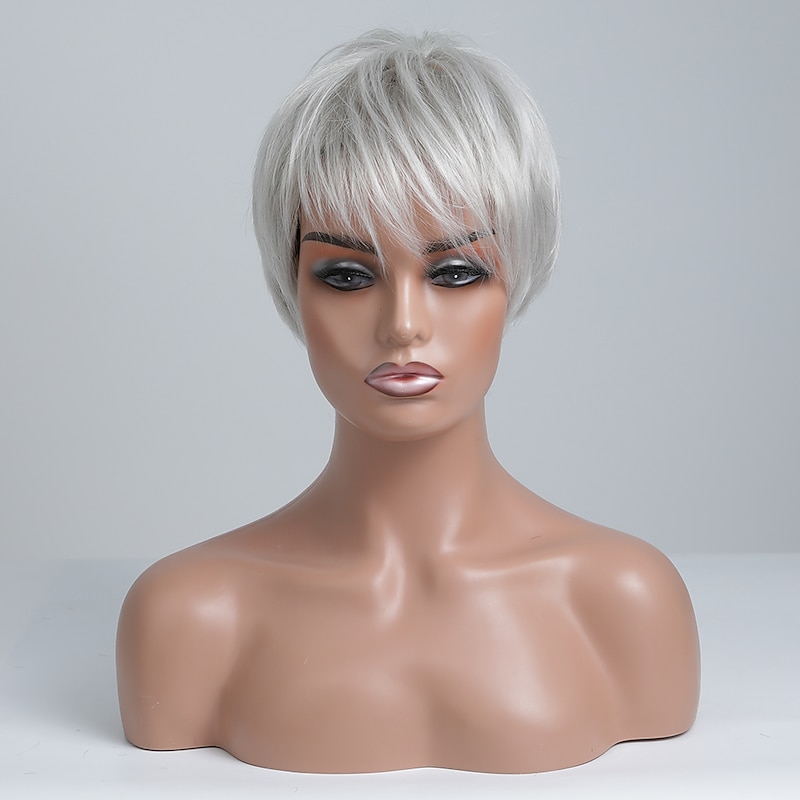 Human Hair Blend Wig Short Straight Natural Straight Pixie Cut Side Part Layered Haircut Asymmetrical White Brown Cosplay Curler & straightener Natural Hairline Capless Burmese Hair Chinese Hair4