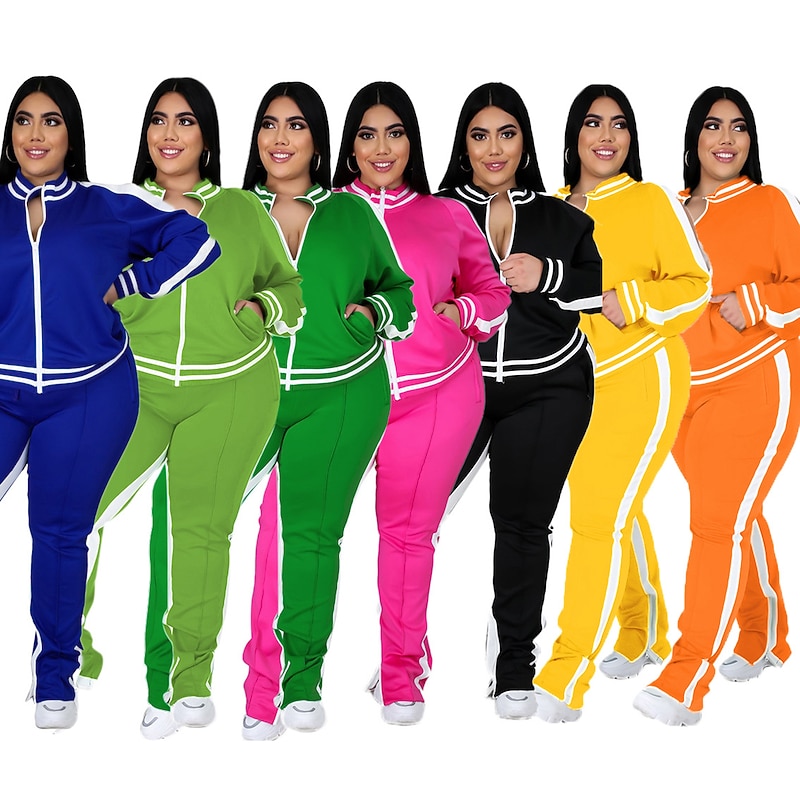 Women's Tracksuit Sweatsuit Drawstring 2 Piece Striped Jacket and Sweatpants Outfit Set Clothing Suit Fall Black Yellow Jogging Training Exercise Thermal Warm Soft Breathable Long Sleeve Sport2