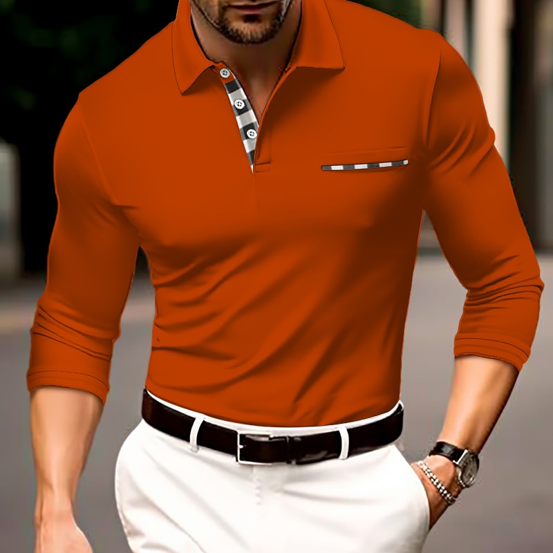 Men's Golf Shirt Polo Casual Sports Lapel Long Sleeve Fashion Basic Color Block Button Front Pocket Spring &  Fall Regular Fit Wine Black Dark Green Orange Brown Gray Golf Shirt4