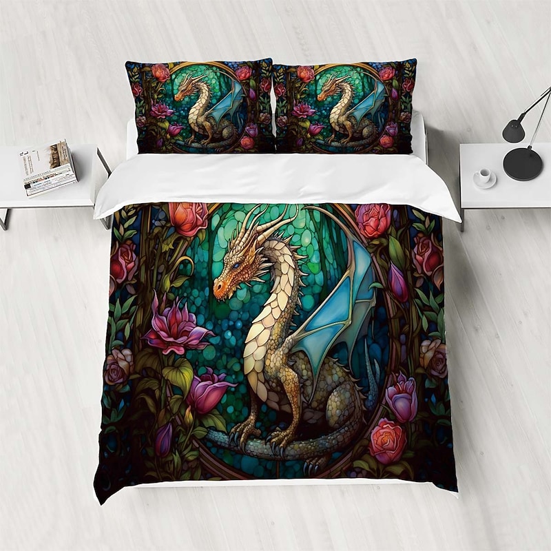 2PCS/3PCS Retro Retro Abstract Fire Dragon Pattern Bed Set Duvet Cover Lightweight and Soft Suitable for Adult and Child Big Bed Small Bed Set2