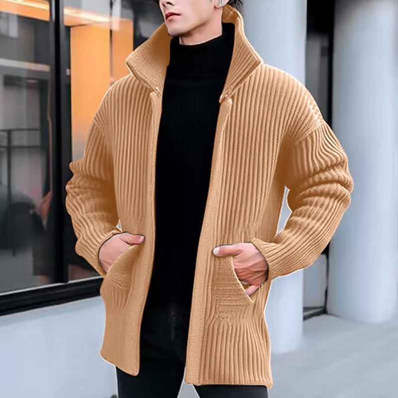 Men's Sweater Cardigan Sweater Ribbed Knit Regular Knitted Plain Stand Collar Warm Ups Modern Contemporary Daily Wear Going out Clothing Apparel Fall & Winter Black Green M L XL