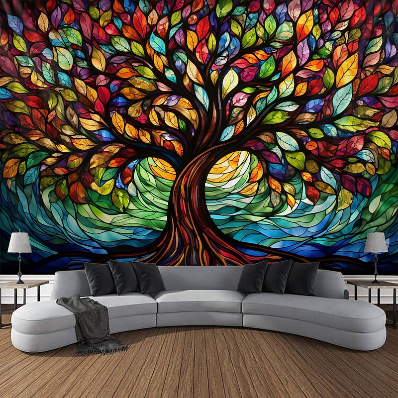 L.T.HOME Tree of Life Hanging Tapestry Stained Glass Colorful Wall Art Large Tapestry Mural Decor Photograph Backdrop Blanket Curtain Home Bedroom Living Room Decoration4