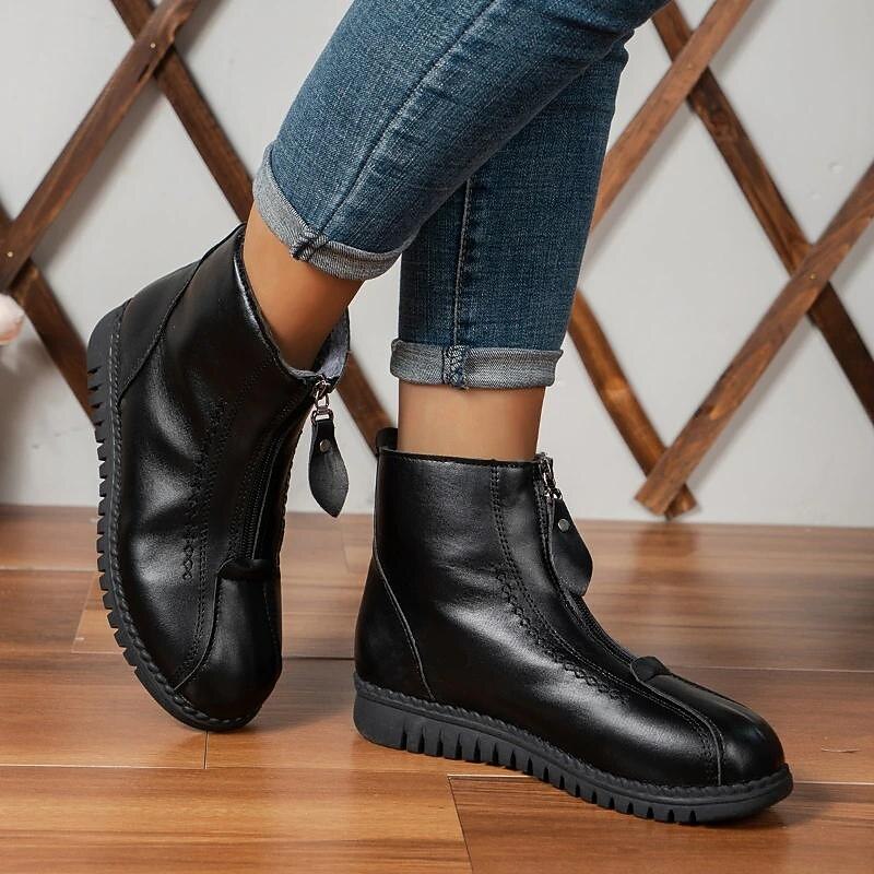 Women's Black Faux Leather Ankle Boots with Plush Fur Lining, Dual Zipper Design, and Non-Slip Sole for Winter Warmth and Comfort2