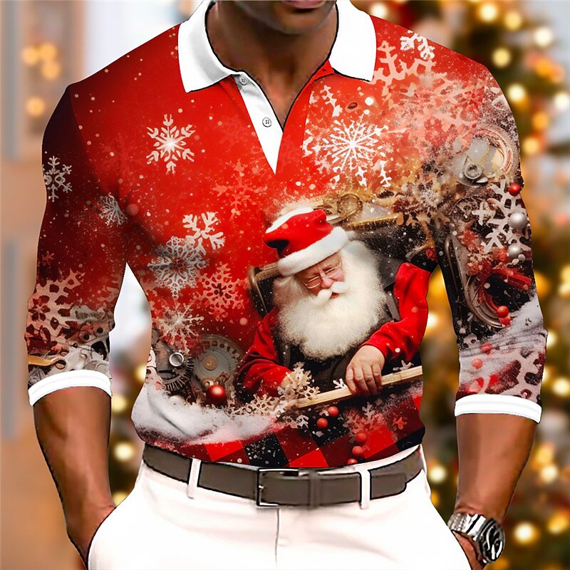 Christmas Men's Santa Claus Snowflake Button Up Polos Golf Polos Shirts Long Sleeve Polo Shirts Turndown Casual Outdoor Christmas Party Print Black Red