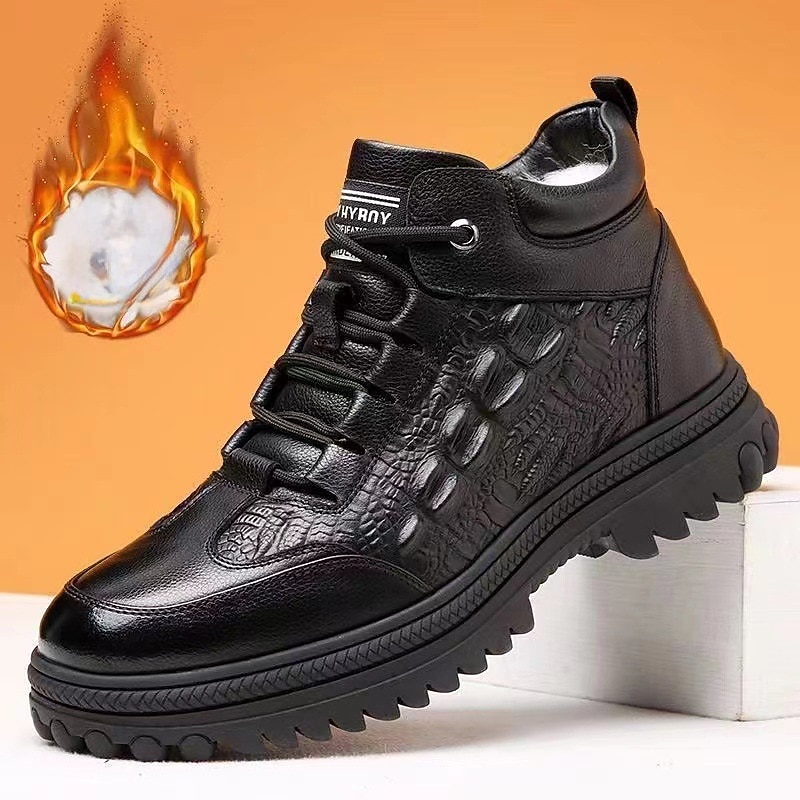 Men's Black Faux Leather Ankle Boots with Lace-Up Design and Warm Plush Lining - Durable and Stylish for Winter Wear