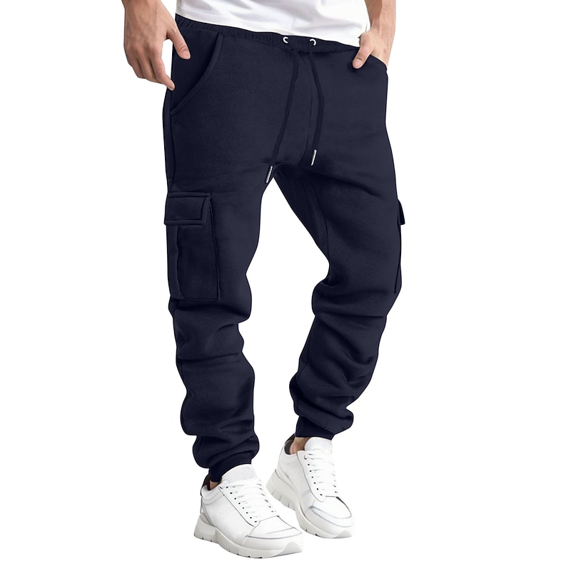 Men's Sweatpants Joggers Trousers Cargo Sweatpants Drawstring Elastic Waist Multi Pocket Plain Comfort Breathable Casual Daily Holiday Sports Fashion Black White3