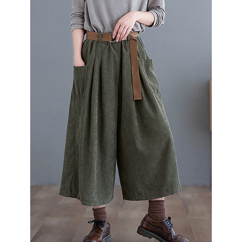 Women's Wide Leg Capri Pants Fashion Streetwear Simple Calf-Length High Waist Solid Color Pocket Elastic Waist High Cut Comfort Breathability Soft Micro-elastic Vacation Street Daily Green khaki2