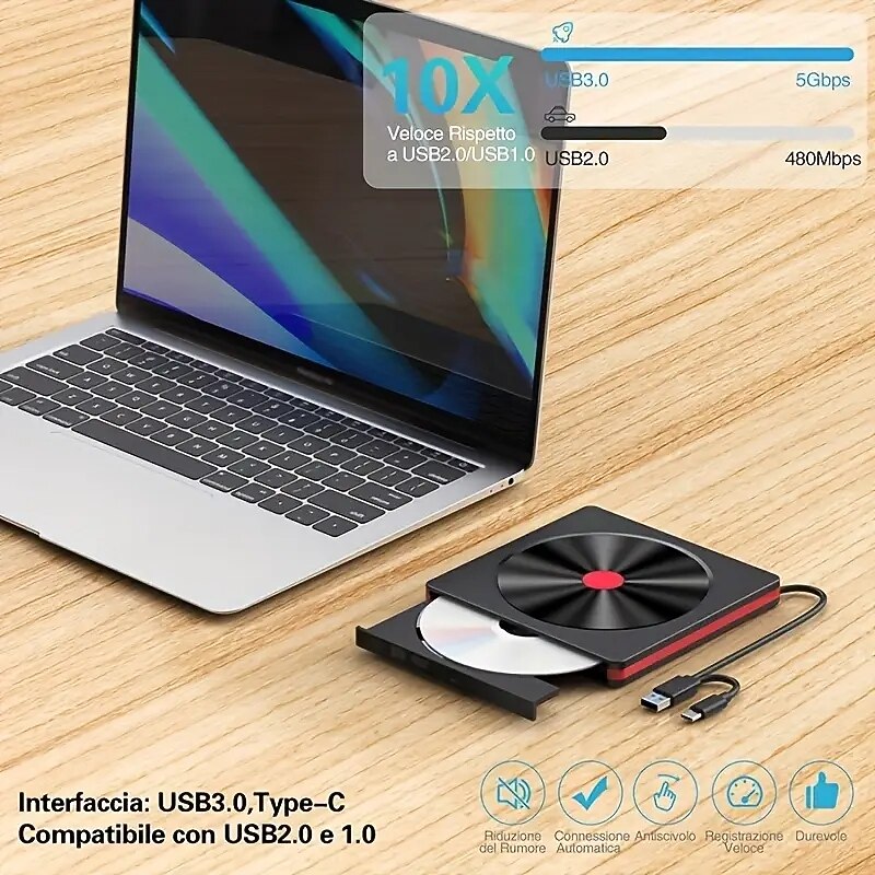 Portable USB 3.0 Type-C CD/DVD Drive with Protective Carrying Case - Compatible with Windows 11/10/8/7 Mac MacBook Pro/Air